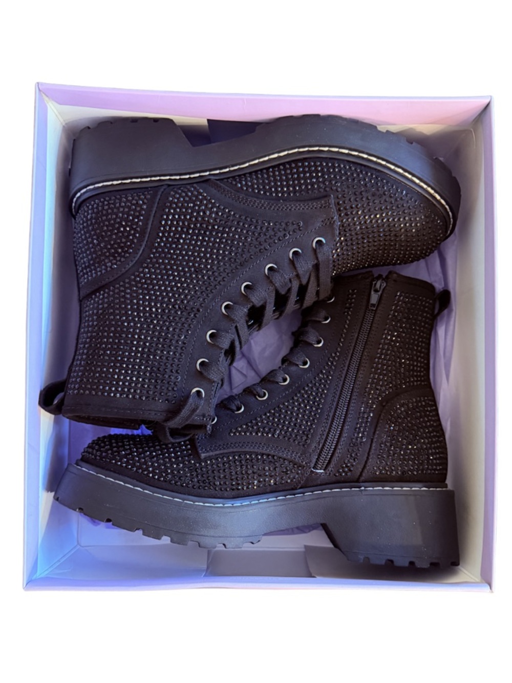 Madden Girl Sparkle Sequin Black Studded Combat Boots Lug Sole — NEW IN BOX - Picture 12 of 12